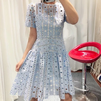 

Runway Designer New Bohemian Sexy Water Soluble Flower Hollow Short Sleeve Embroidery Flowers Elegant Dress Women'S Clothing