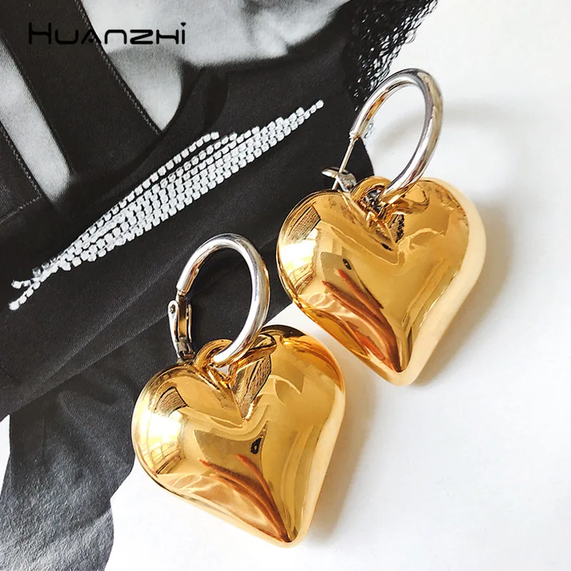 

HUANZHI 2019 Personality Heart Love Exaggeration Gold Metal Plated Design Fashion Drop Earrings For Women Girls Wedding Jewelry