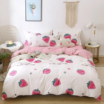 

Pink strawberry bedding sets Girls cartoon white Duvet Cover sets pink bed Sheet Pillowcase single twin full king bedclothes