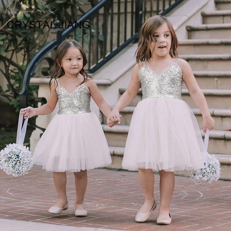 New Fashion Flower Girl Dress Charming V Neck Sequin Lace Tulle Birthday Party Gown for Weddings