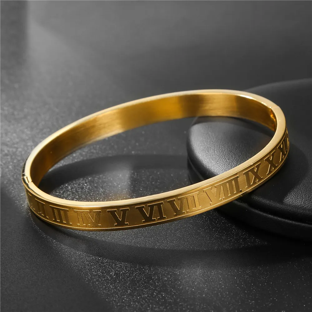 Big Size Men Women Stainless Steel Gold Color Open Bangle Roman Numeral Lover Cuff Bracelet Bangle For Men Wedding Jewelry Gift 3