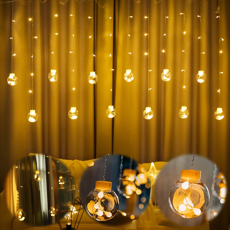 Светодиодный светильник-занавеска с изображением звезд, Луны, шариков, рождественской елки, гирлянды, для улицы, для свадебной вечеринки, праздничный декор, 220 В