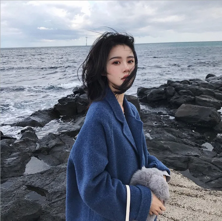 Wools, женская зимняя утепленная, 2XL, плюс размер, синий, корейский стиль, Harajuku, шерстяная Женская смесь, средней длины, подходит ко всему, повседневное модное пальто