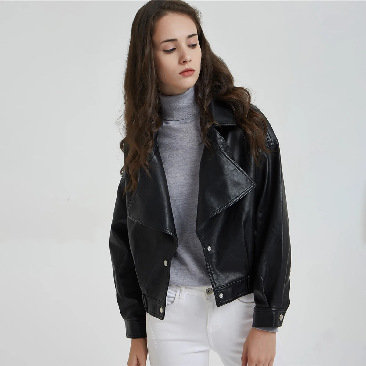 Vintage Irregular Black Moto Women Faux Leather Jacket Autumn Button Turn-Down Collar Short Jackets Retro Bicker PU Jacket