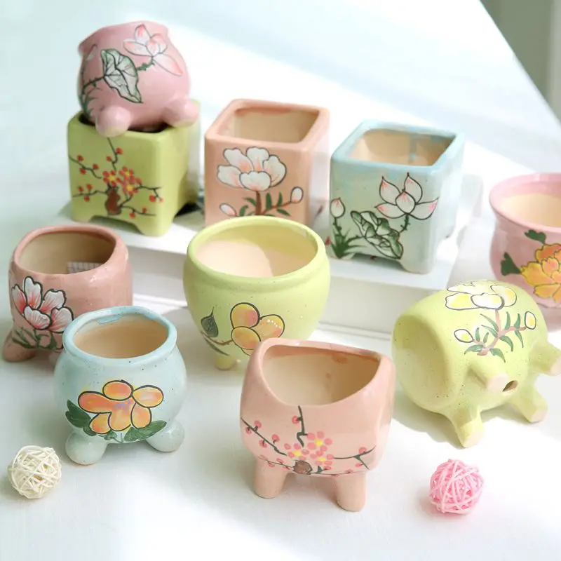 

Korean-style Hand-painted Small Thumb Meat Plant Meat Pot Ceramics Wholesale Special Clearance Flower Girl Basket for Wedding