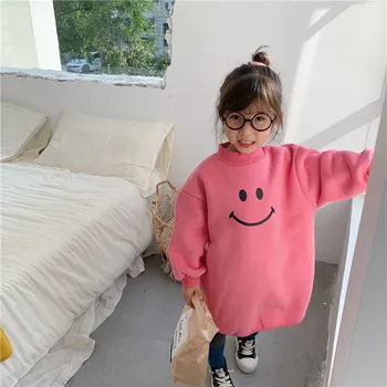 

Autumn winter girls smiley thicken warm swearter dresses 2020 new Half high collar children solid fleece loose princess dress