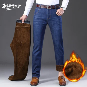 

Brand winter Warm Fleece Men's Jeans thick Stretch Denim Jean Straight elastic Trousers male Cotton blue Pants men 40 42 44