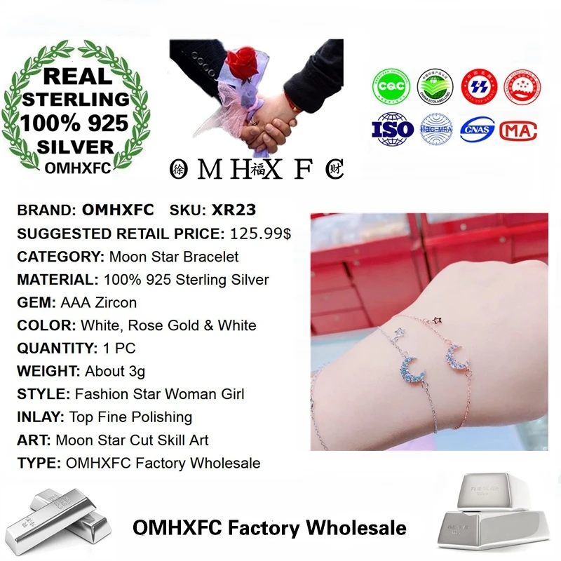 OMHXFC XR23 европейский модный женский праздничный подарок на день рождения, свадьбу, луну, звезду, Циркон 925 пробы, серебряный браслет