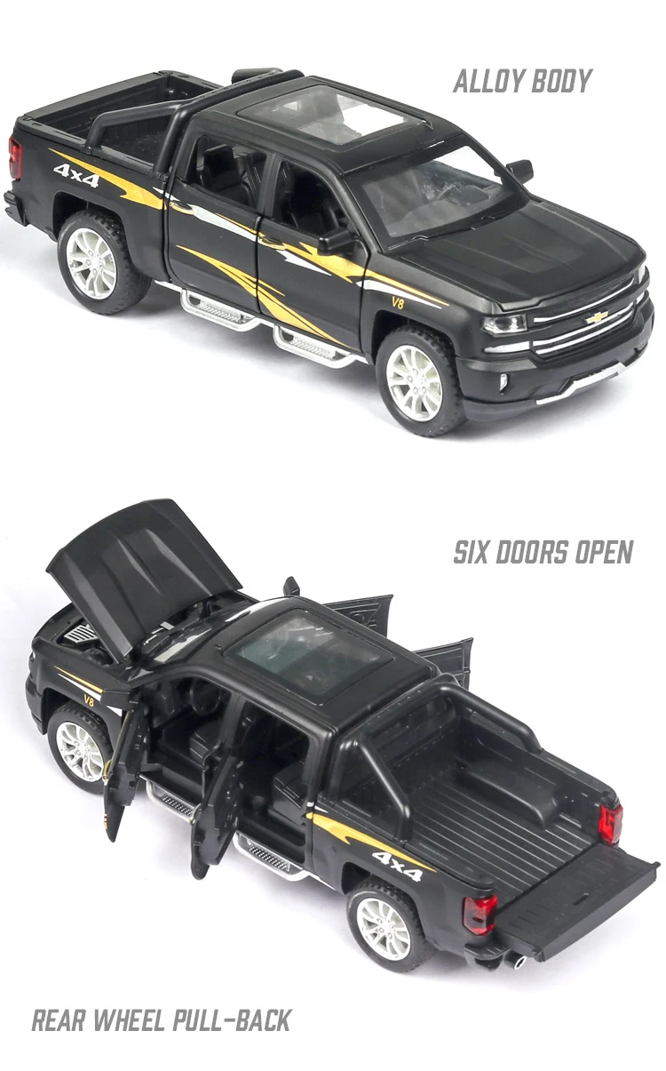 Горячая 1:32 Масштаб колеса 4x4 Chevrolet пикапа металлическая модель с светильник и звук silverado литья под давлением автомобиль вытяните назад игрушка Коллекция