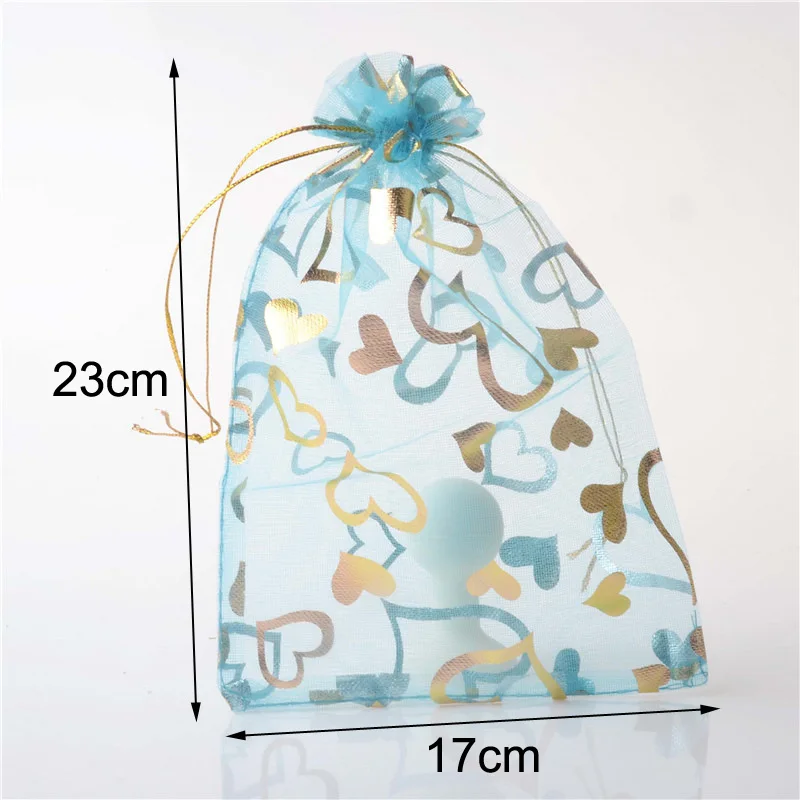 100 Pcs/lot 15x20, 17x23, 20x30cm Multicolours Golden Love Heart Drawstring Organza Bag Christmas Packaging Pouch Nice Gift Bags