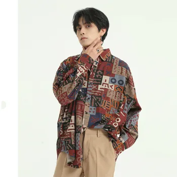 

Male Streetwear Hip Hop Loose Dress Shirts Men Vintage Pattern Print Casual Long Sleeve Shirt