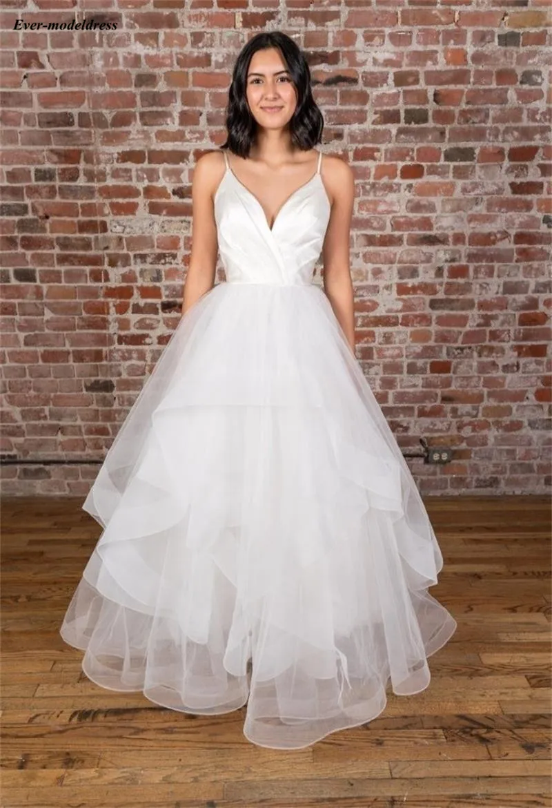 

Modest Spaghetti Straps Wedding Dresses 2019 A-Line Sleeves Zipper Back Garden Simple Bridal Gowns Cheap vestido de noiva