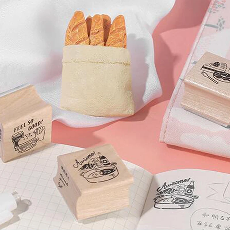 

4pcs Wooden Stamps Set My Happy Source Series Log Rubber Handbook Material DIY