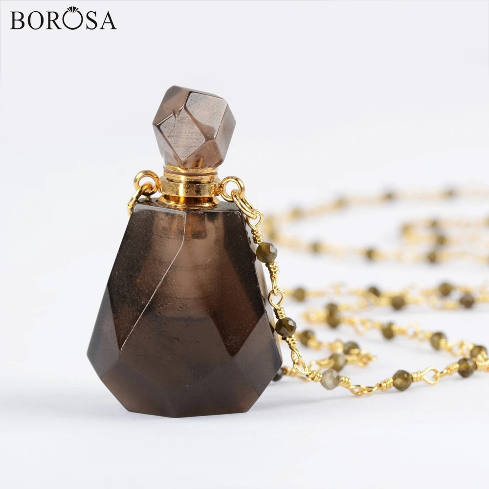 BOROSA 2 шт. флакон для духов натуральный мульти-вид камень эфирное масло Bottole аметисты 26 дюймовый шарик цепи женское ожерелье HD0091 - Окраска металла: Smokey Quartz