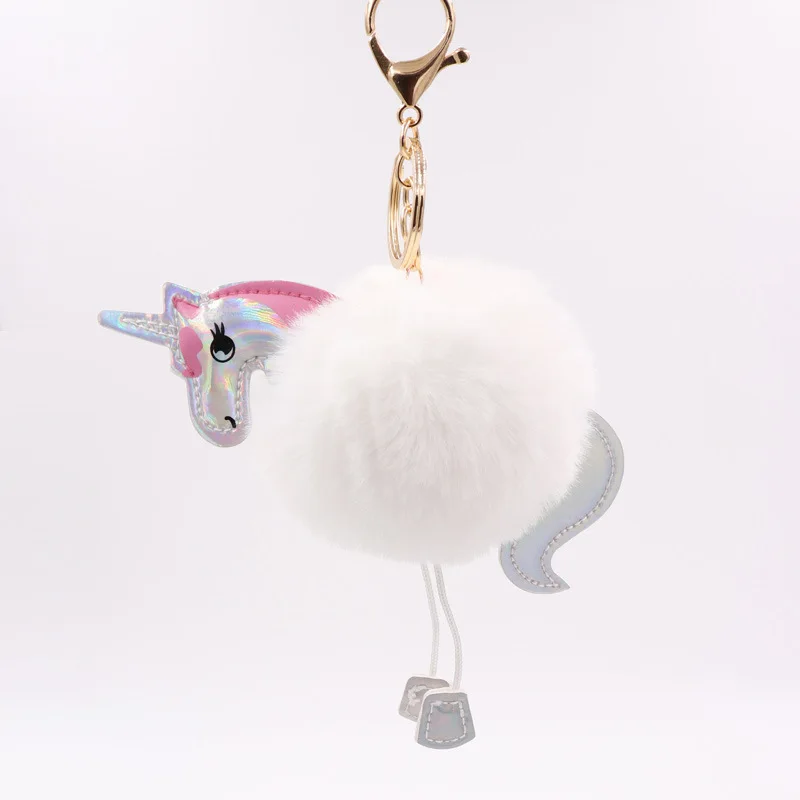 

Explosion unicorn keychain imitation rabbit hair ball pendant PU leather cartoon plush bag key ring Pompon Women Bag Jewelry