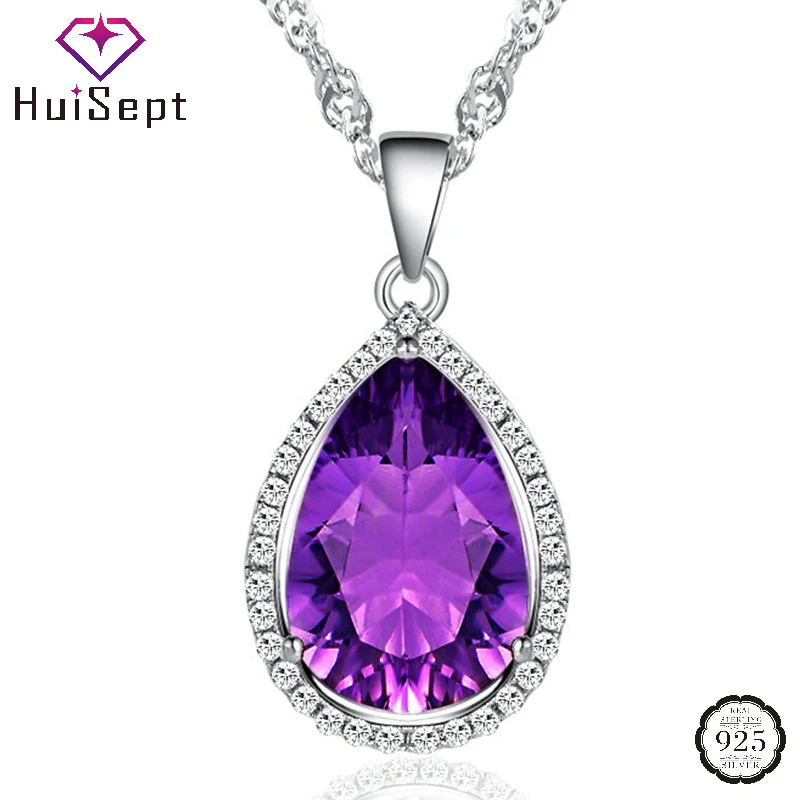 HuiSept Women Necklace 925 Silver Jewelry with Amethyst Zircon Gemstone Water Drop Shape Pendant for Wedding Party Gift Ornament