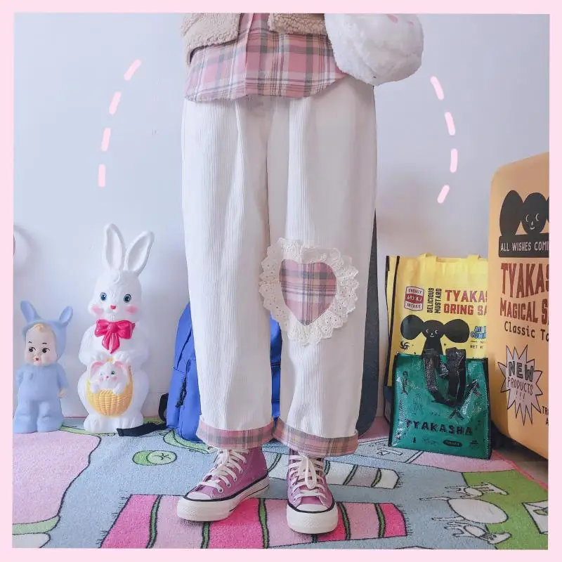 Kawaii/вельветовые прямые брюки для девочек-подростков; свободные штаны с сердечками; милые мягкие повседневные штаны в японском стиле Харадзюку