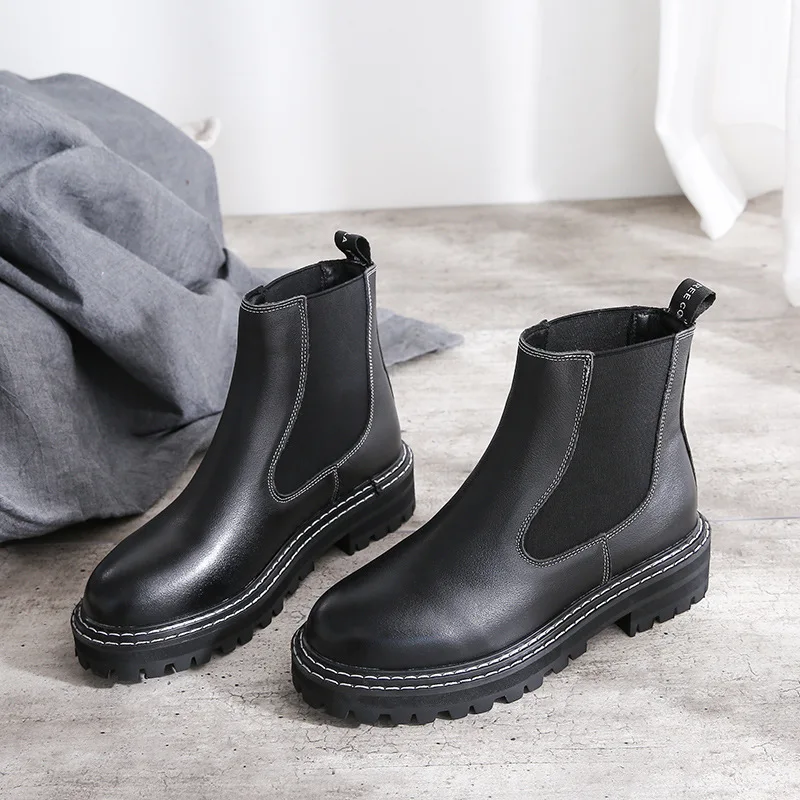 

2019 Autumn New Style Korean-style Martin Boots Student Genuine Leather Low-top Booties Winter Casual plus Velvet Boots