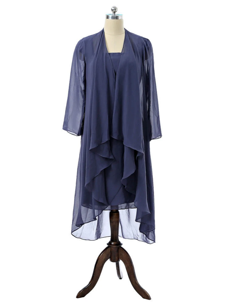 

Dark Navy Chiffon Knee Length Mother of the Bride Dress with Coat Jacket Wedding Party Gowns Short Mother of the Groom Suits