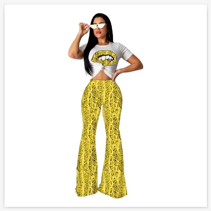 Colorful snakeskin print women set o neck summer short sleeve crop top and long pants empire 2 pieces LTP203 | Женская одежда