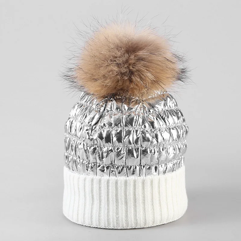 down stitching windshield Kitted cap Winter women female raccoon fur ball knit hat outdoor thickening warm Beanie hat Pink
