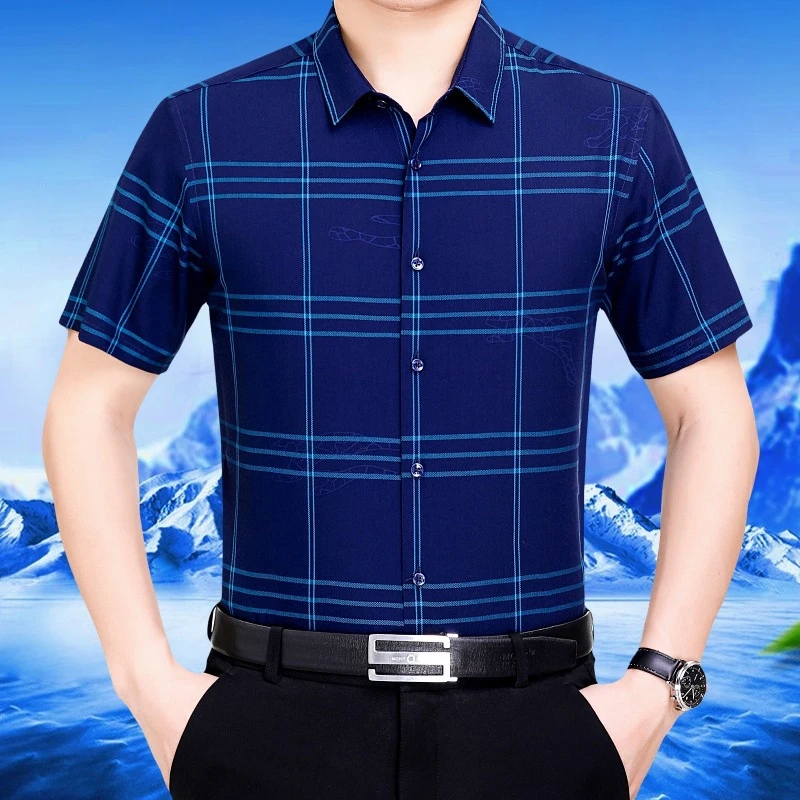 Camisa de manga corta para joven y mediana moda de negocios, seda mulberry, delgada, a cuadros, novedad de verano 2021|Camisas informales| - AliExpress