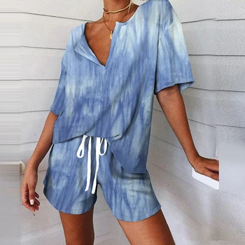

Summer Short Sleeve Thin Print Loose Sleepwear Girl Pijamas Mujer Leisure Nightgown Women V Neck Shorts Women Pajamas Sets