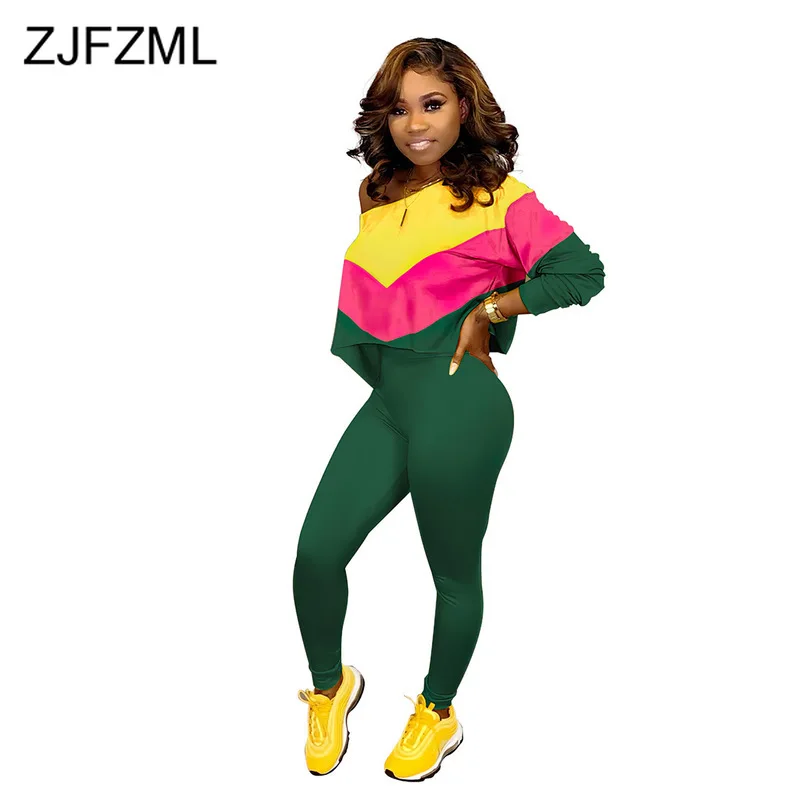 

Contrast Color Sexy Two Piece Sweatsuit Women Clothes One Shoulder Full Sleeve Loose Top + Pencil Long Pant Casual Club Outfit