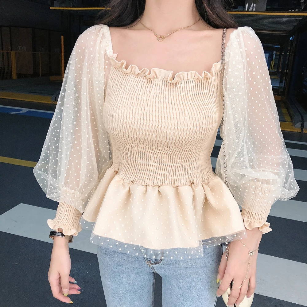 Женские топы и блузки, blusas mujer de moda, рукав-фонарик, квадратный воротник, оборки, короткие шифоновые, в стиле пэчворк, милый стиль, adies