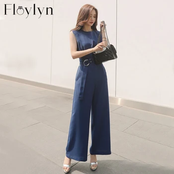 

FLOYLYN Summer Round-neck Sleeveless Wide Leg Jumpsuit Women Slim Waist Bandage Overalls 2020 Rompers