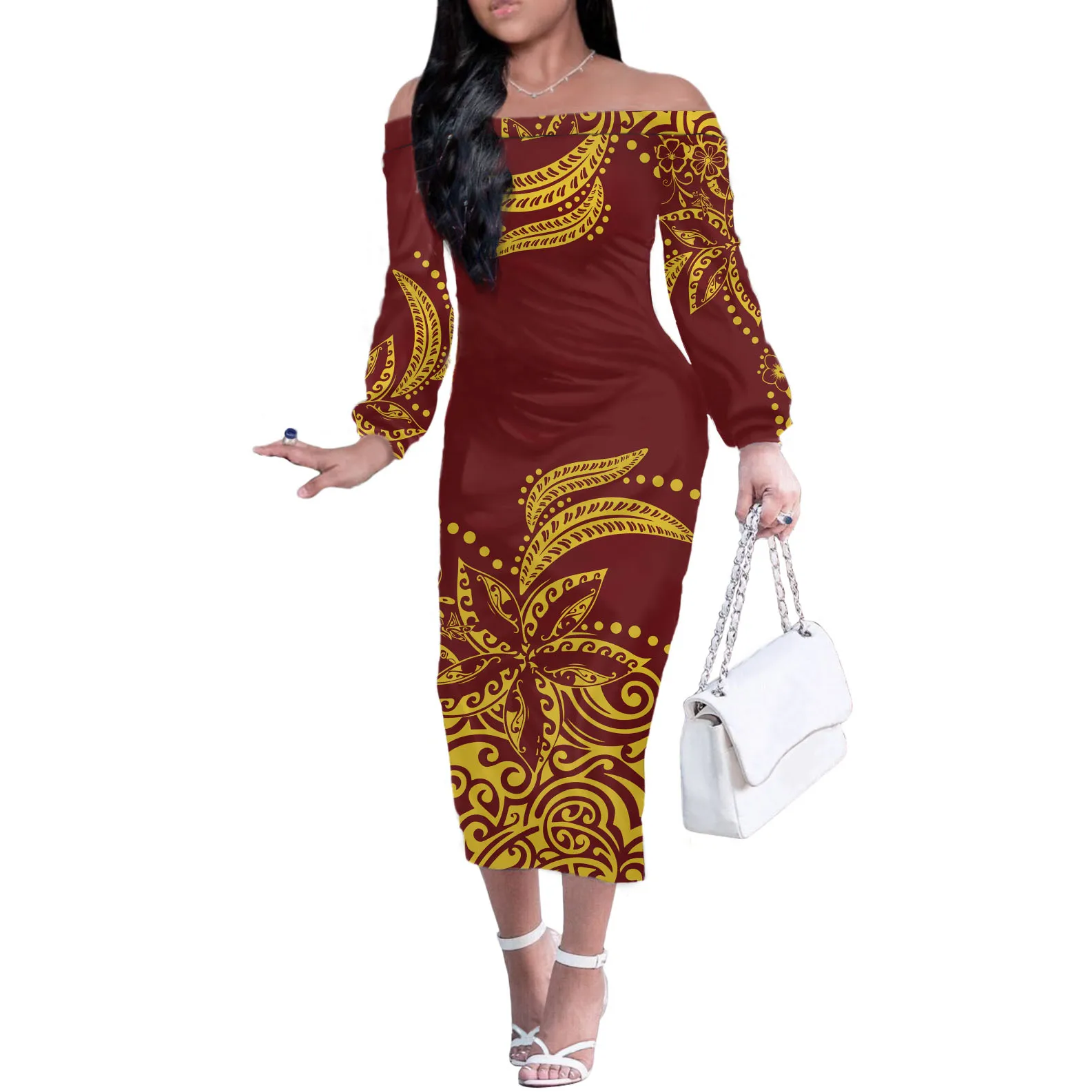 

Женское платье-карандаш на одно плечо, с длинным рукавом и принтом