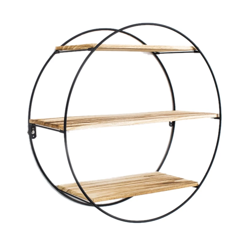 

Round Wall Unit Retro Industrial Style Wood Metal Wall Shelf Storage Decoration Home Decoration