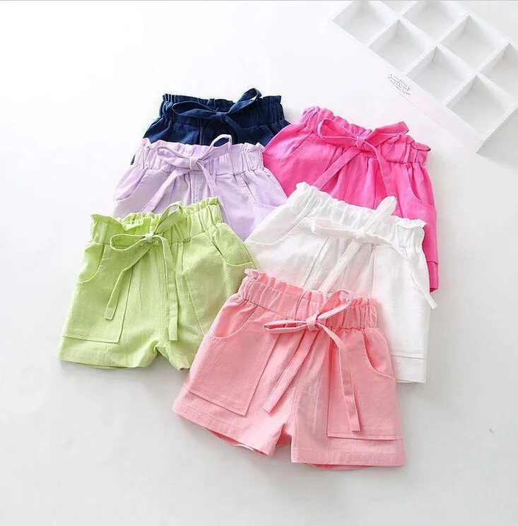 

2019 Summer New Style Girls Candy-Colored Cotton Linen Solid Color Large Pocket Elastic Waist High-waisted Shorts Hot Pants
