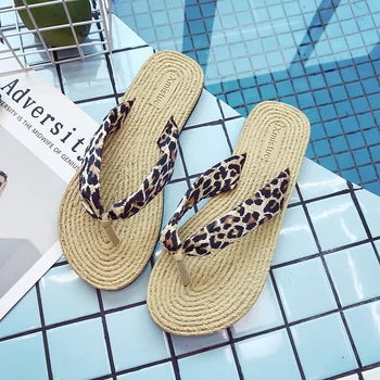 

Summer Casual Women's Flip Flops Straw Cute Female Flat Slippers Beach Holiday Printed Slippers Ladies Leopard Chanclas Mujer