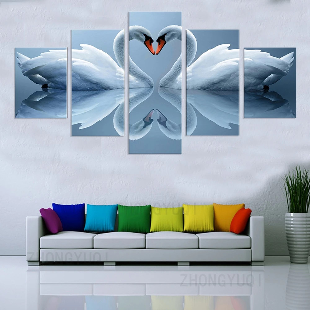 Oil Painting Home Decor Modular Picture 5 Panel White Swan Couples HD Canvas Framework Wall Art Prints Poster For Living Room | Дом и сад