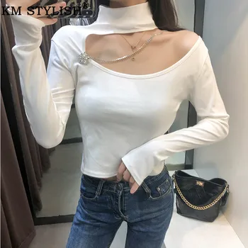 

Women Off Shoulder Crop Tops Stand Collar T-Shirt 2019 Autumn Casual Tee Bottom Long Sleeve Irregular White Cotton Short T Shirt