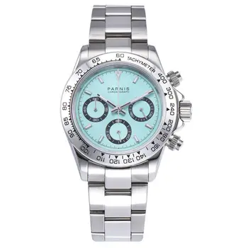 

Solid Parnis 39mm blue dial luminous white ceramic bezel sapphire glass chronograph function quartz movement men's wrist watch