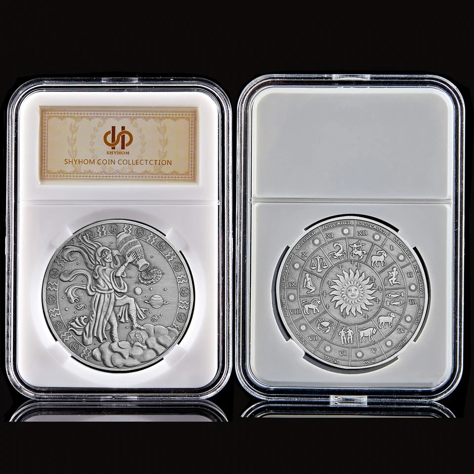 

Twelve Constellations Aries Sign Antique Silver Embossed Aquarius Commemorative Value Coin