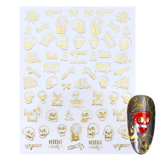1 шт Золотые 3D наклейки для ногтей слайдеры Хэллоуин Череп Кошка паук дизайн ногтей наклейки декор Mancure TRSTZ-G032-040-1 - Цвет: STZ-G035 Gold