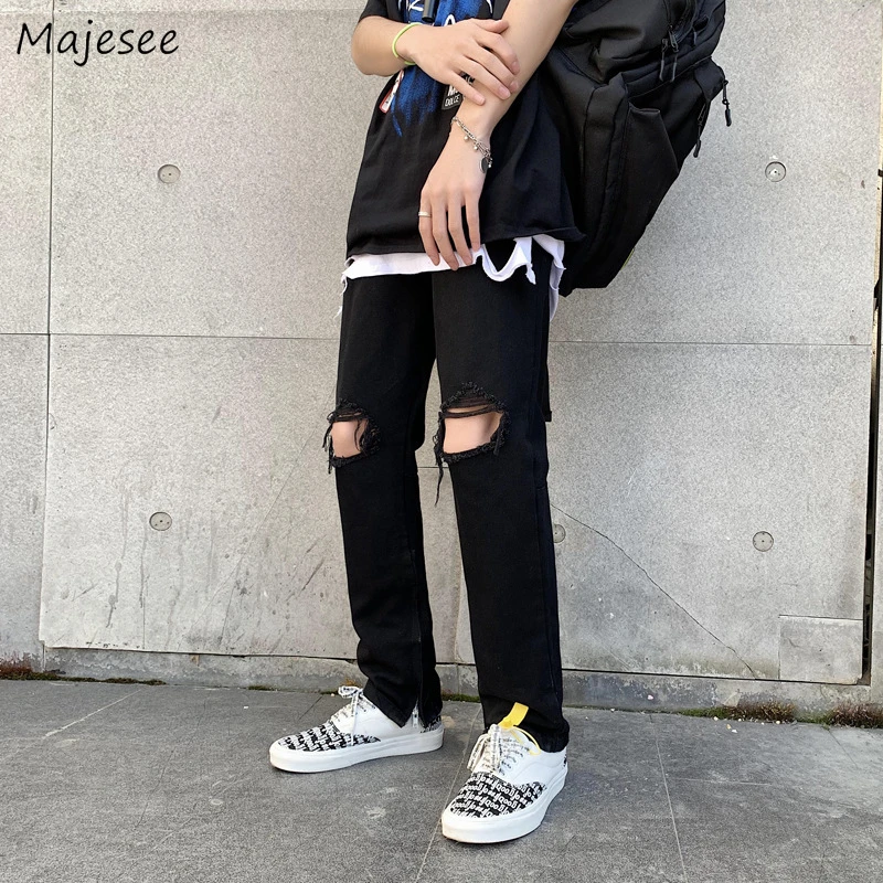 Straight Ripped Men's Jeans | Mens Jeans Black Ripped | Ripped Black Denim  - Men Black - Aliexpress