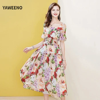 

Yaweeno New Runway Fashion Summer Dress Women's Elegant Flower Printed Elastic Waist Sweet Chiffon Travel Beach Midi Dresses