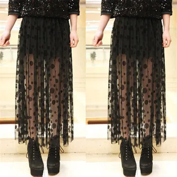 

Female Spring Summer Vintage Skirts Womens Elastic High Waist Tulle Mesh Skirt Long Pleated Tutu Skirt