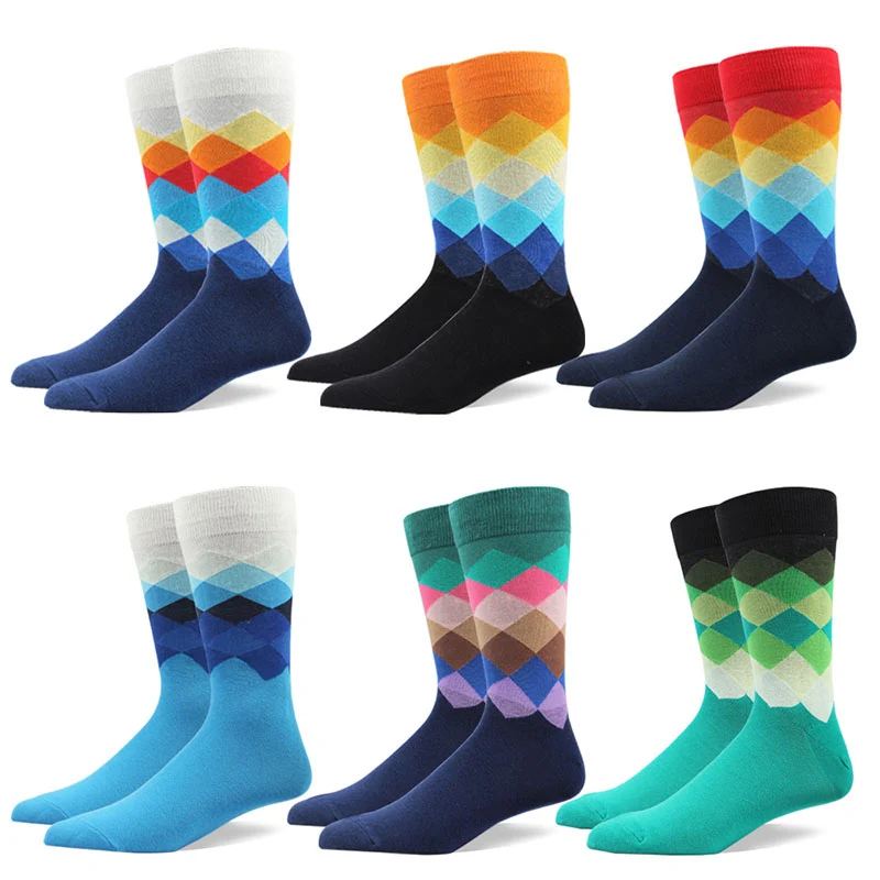 

Men's Funny Happy Socks Fine Paragraph Diamond Pattern Argyle Three-dimensional Tube Geometric Funny Combed Cotton Socks