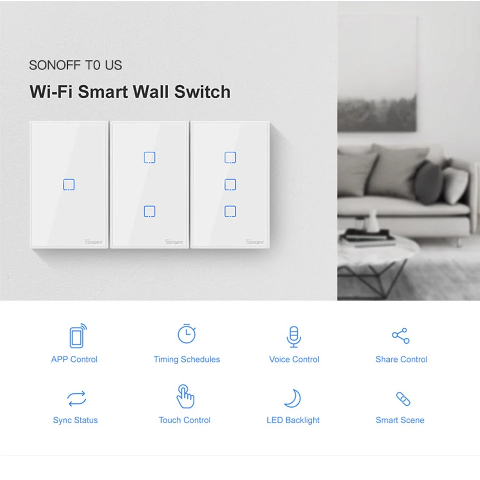 Умный настенный сенсорный светильник ель Sonoff T0 US/AU с wi fi 1/2/3 клавиш сенсорный/wi