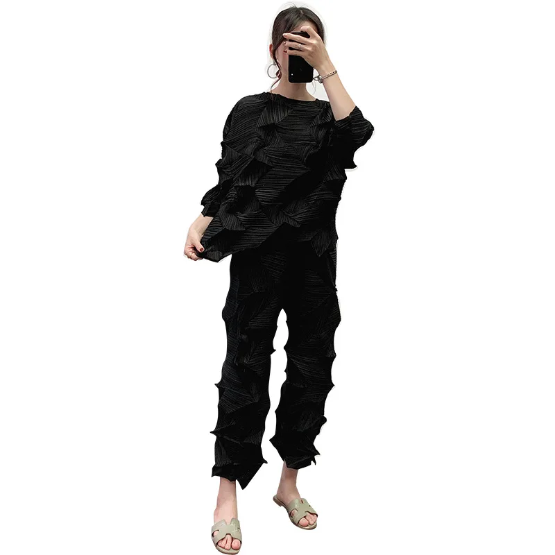 MIYAKE плиссированная куртка со стразами+ прямые брюки Зимний свободный большой размер плиссированный комплект из двух предметов брюки костюм