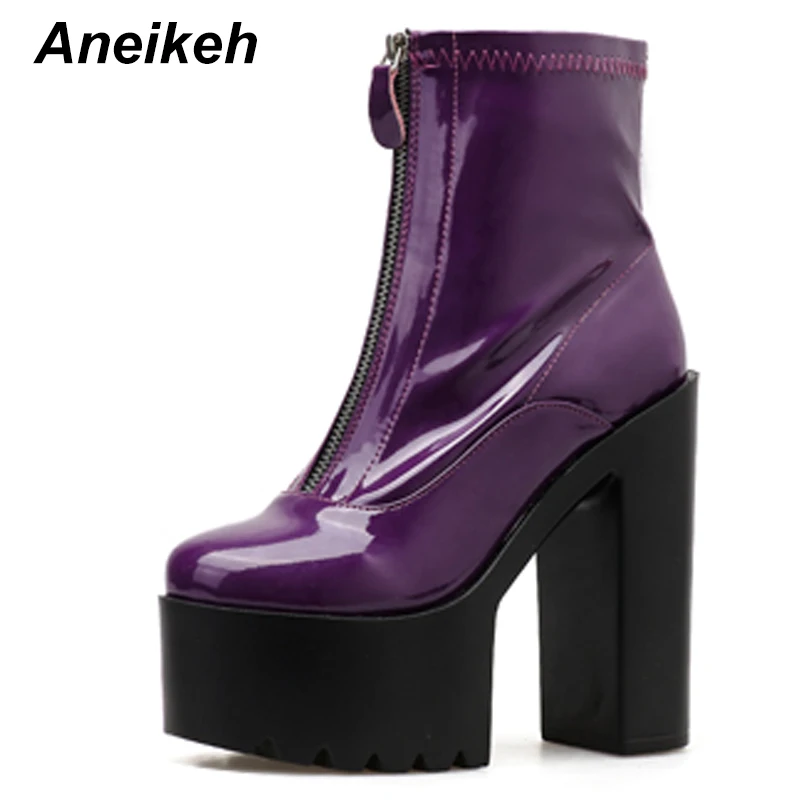 purple Aneikeh/ г. Модная женская обувь ботильоны обувь на платформе и высоком квадратном каблуке пикантные вечерние сапоги для верховой езды на молнии с круглым носком - Цвет: purple