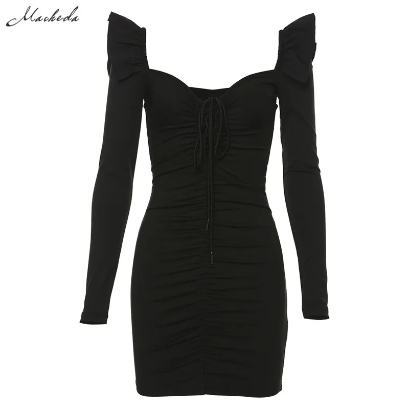 Macheda Bodycon Карандаш Женская летняя Клубная одежда Мини платье женские летние сексуальные платья полиэстер v-образным вырезом tether платья - Цвет: Черный