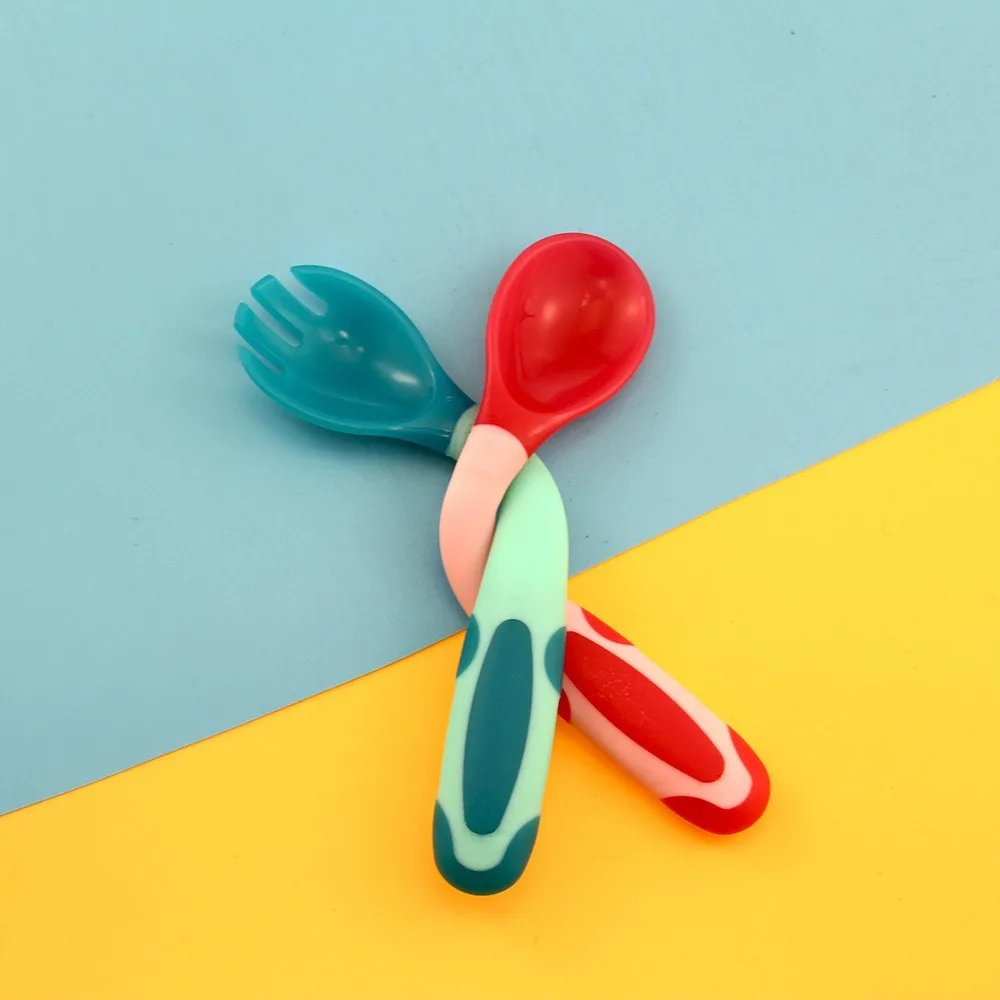 

2 Pcs Hot Change Colour Prevent Scalding Twisting Training Spoon Fork Set Tableware for Infant Baby Kids Food Feeding