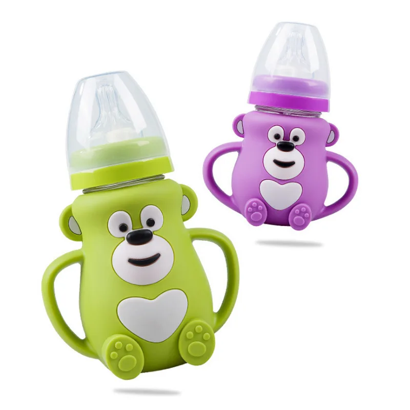 

Mei ying tang Creative Wide Mouth Baby Soother Silicone Cover Shatter-resistant with Handle Glass Feeding Bottles Mom And Baby