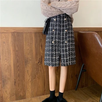 

Plaid Tweed Skirts Women Button Autumn Long Pencil Skirts Winter Wool Skirts Korean Bodycon High Waist Elegant Tweed Skirt V619